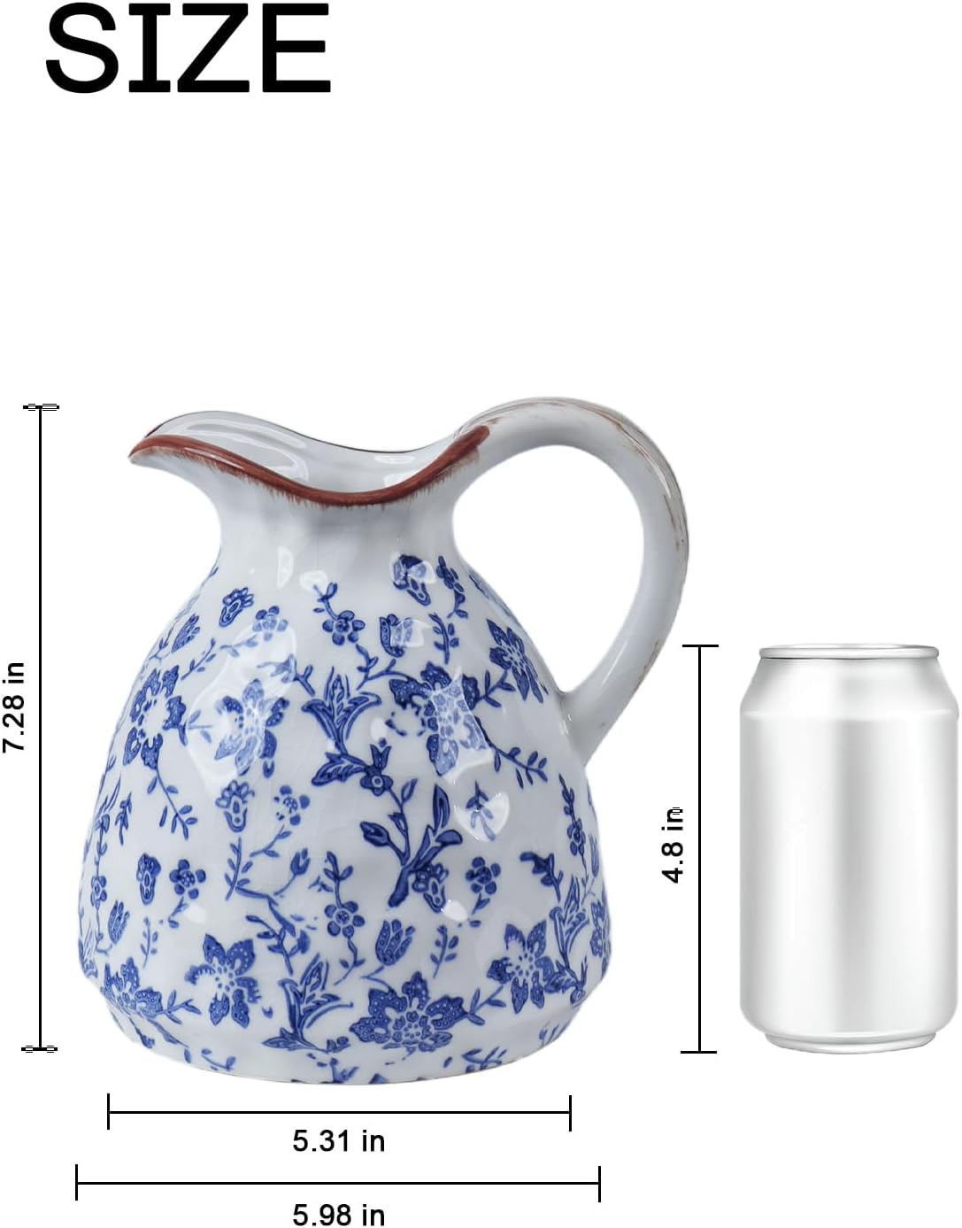 Blue and White Ceramic Vase with Handle – 7.28 Inch Vintage Crackle Glaze Pitcher Style Flower Vase, Chinoiserie Tuscan Decorative Jug for Shelf, Desk, Home Decor