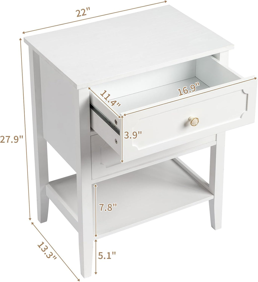 Wood Nightstand with 2 Drawers and Shelf, White End Table for Bedroom Living Room, Solid Wood & MDF Bedside Table