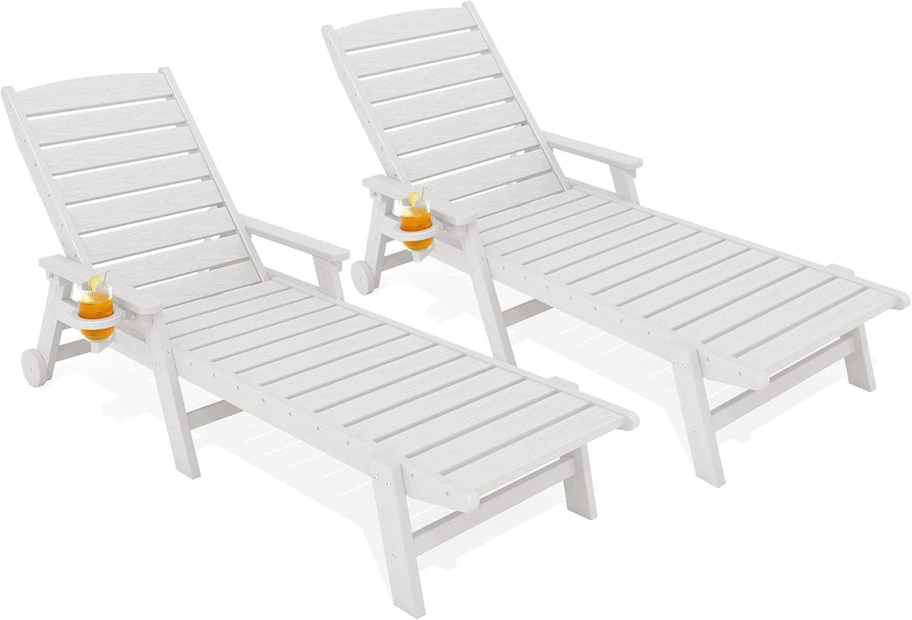 KINGYES HDPE Lounge Chair Outdoor Set of 2, Patio Chaise Lounge Recliner with Cup Holder All Weather Pool Lounger for Outside, White