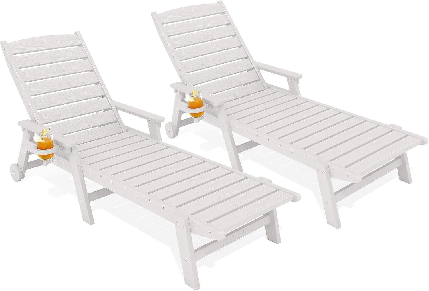 KINGYES HDPE Lounge Chair Outdoor Set of 2, Patio Chaise Lounge Recliner with Cup Holder All Weather Pool Lounger for Outside, White