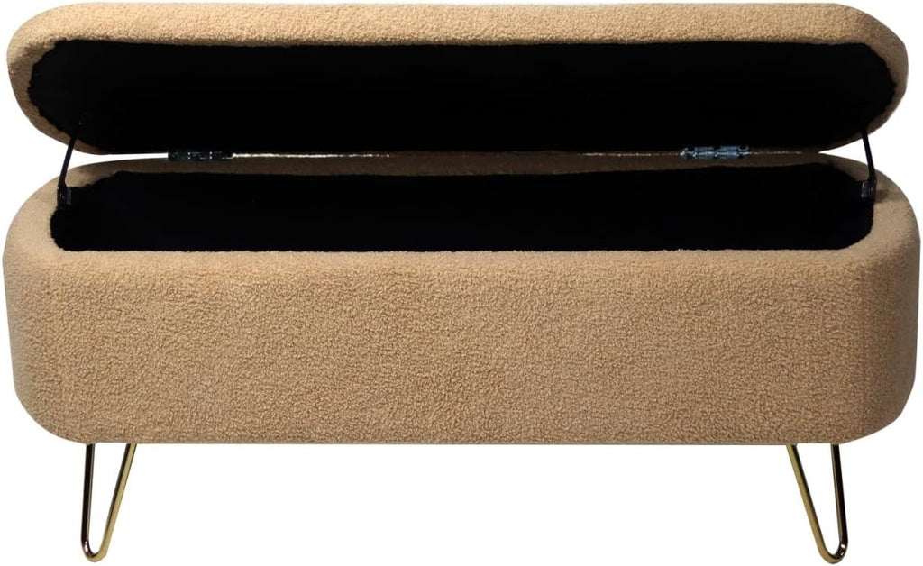 Camel Storage Ottoman Bench for End of Bed Gold Legs, Modern Camel Faux Fur Entryway Bench Upholstered Padded with Storage for Living Room Bedroom