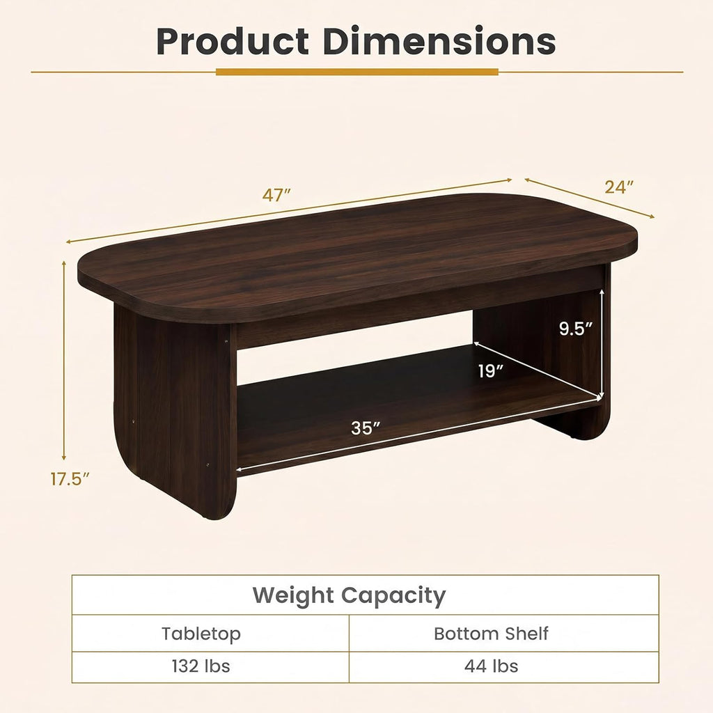 Giantex Oval Coffee Table, 47" Mid Century Modern Center Table with Storage Shelf & Round Corner, 2-Tier Accent Cocktail Tea Table, Wood Coffee Table for Living Room, Small Spaces (Espresso)
