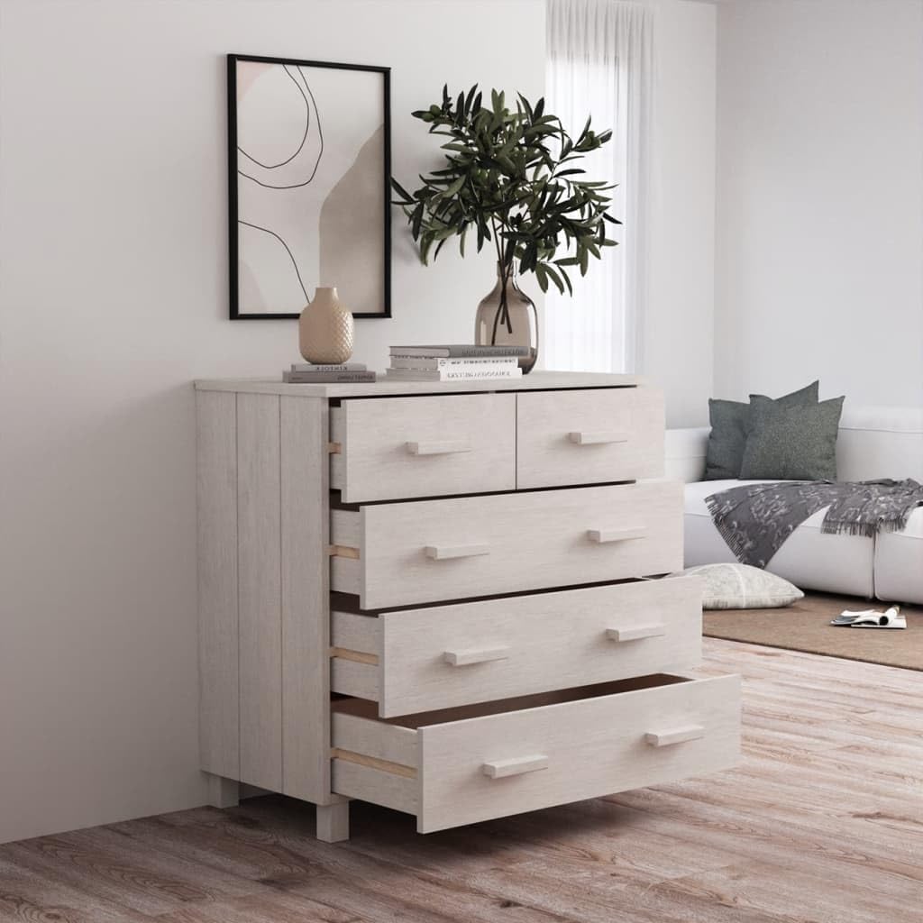 Modern White Sideboard with Sliding Doors and Five Drawers, Solid Pinewood and MDF Buffet Cabinet for Living Room Dining Area Storage
