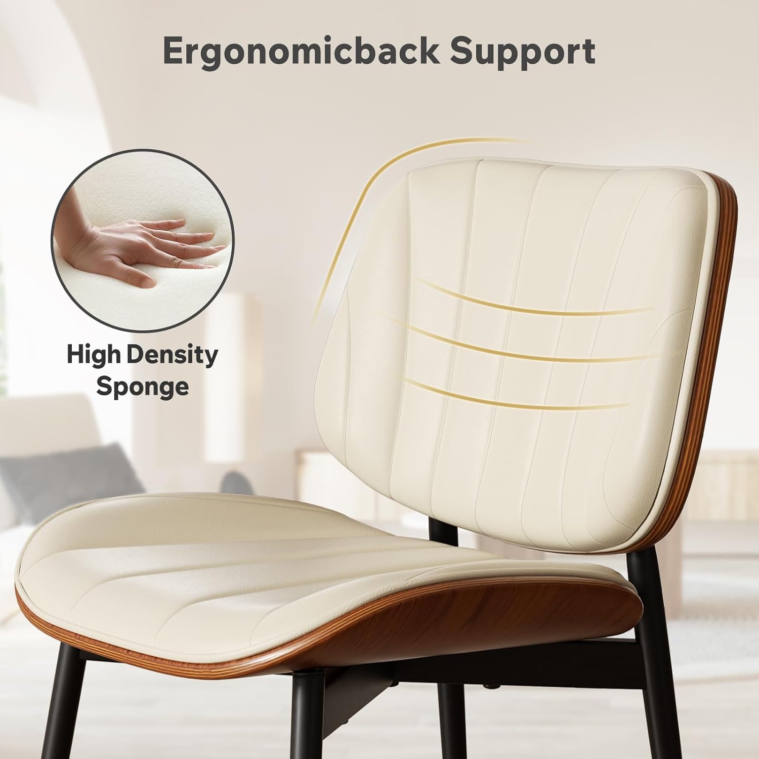 Dining Chairs Set of 2, Mid Century Modern Dining Room Chairs, Upholstered Faux Leather Kitchen Chairs with Walnut Bentwood Back and Metal Legs for Kitchen Dining Room Living Room, PU Beige
