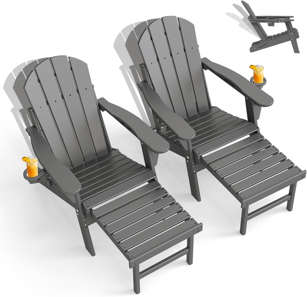 GREENVINES Adjustable Adirondack Chair with Retractable Ottoman Set of 2 | Folding | HDPE Plastic | Fire Pit Chairs w/Foot Rest | 2 Cup Holders | Grey | for Outdoor Patio Poolside Deck