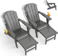 GREENVINES Adjustable Adirondack Chair with Retractable Ottoman Set of 2 | Folding | HDPE Plastic | Fire Pit Chairs w/Foot Rest | 2 Cup Holders | Grey | for Outdoor Patio Poolside Deck