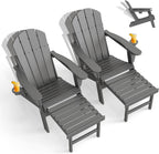 GREENVINES Adjustable Adirondack Chair with Retractable Ottoman Set of 2 | Folding | HDPE Plastic | Fire Pit Chairs w/Foot Rest | 2 Cup Holders | Grey | for Outdoor Patio Poolside Deck