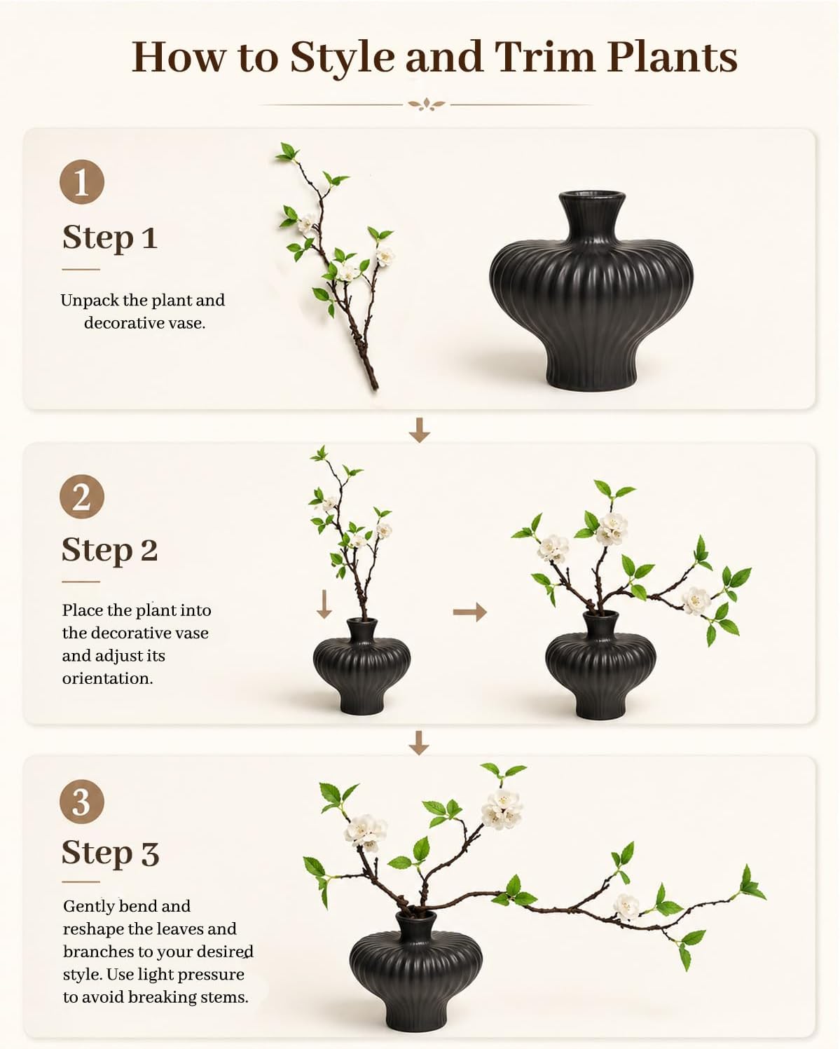 22'' Budded Faux Stem with Vase, 1pcs Artificial Greenery Plant for Centerpiece Table Decorations, Fake Branches in Vase for Farmhouse Living Room Bathroom Office Kitchen Decor - Black