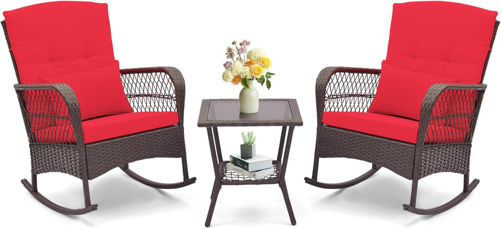 ORALNER 3 Pieces Patio Furniture Wicker Rocker Set, Outdoor Rocking Chairs with Cushions, Pillows, Glass Coffee Table, Rattan Bistro Set for Balcony Front Porch Poolside Garden Deck (Red)