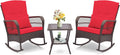 ORALNER 3 Pieces Patio Furniture Wicker Rocker Set, Outdoor Rocking Chairs with Cushions, Pillows, Glass Coffee Table, Rattan Bistro Set for Balcony Front Porch Poolside Garden Deck (Red)
