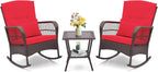 ORALNER 3 Pieces Patio Furniture Wicker Rocker Set, Outdoor Rocking Chairs with Cushions, Pillows, Glass Coffee Table, Rattan Bistro Set for Balcony Front Porch Poolside Garden Deck (Red)