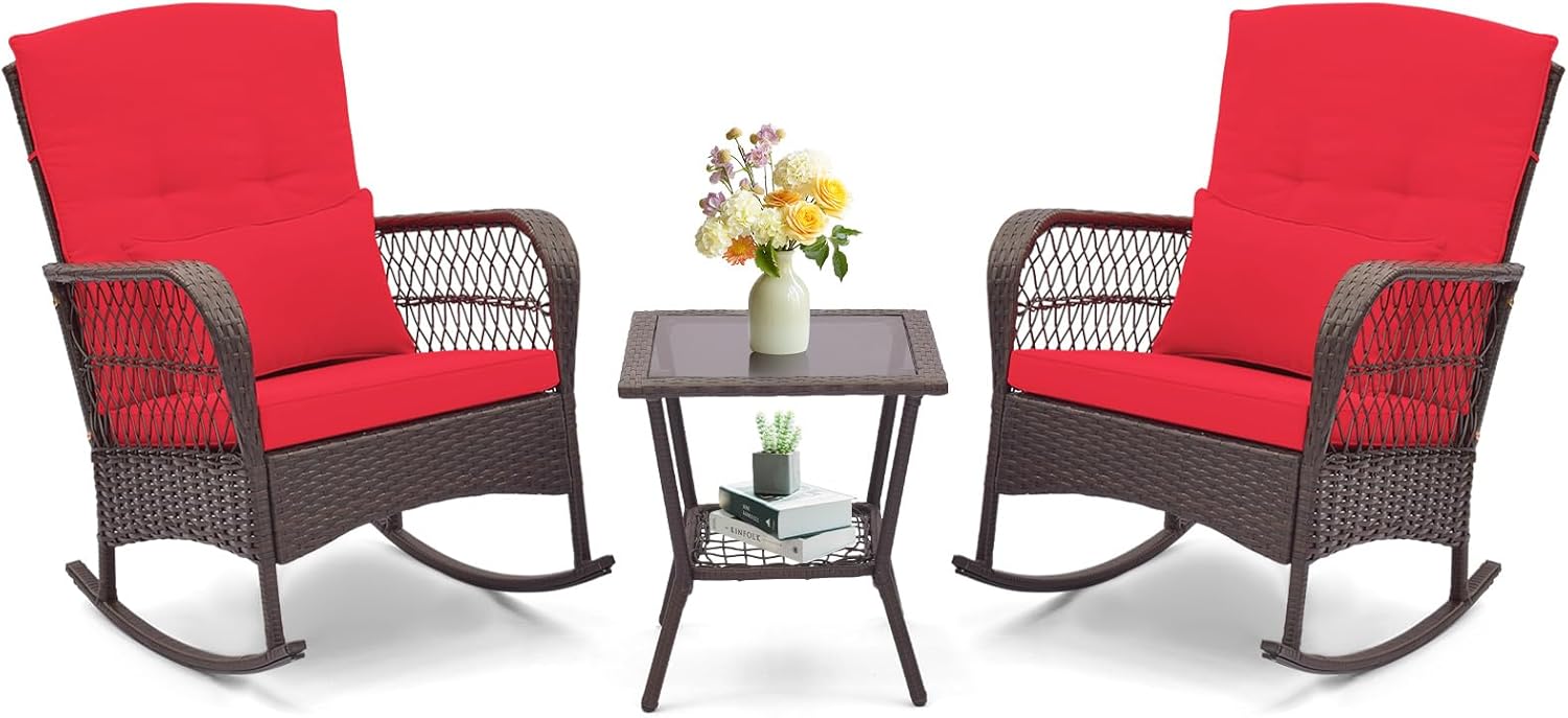 ORALNER 3 Pieces Patio Furniture Wicker Rocker Set, Outdoor Rocking Chairs with Cushions, Pillows, Glass Coffee Table, Rattan Bistro Set for Balcony Front Porch Poolside Garden Deck (Red)