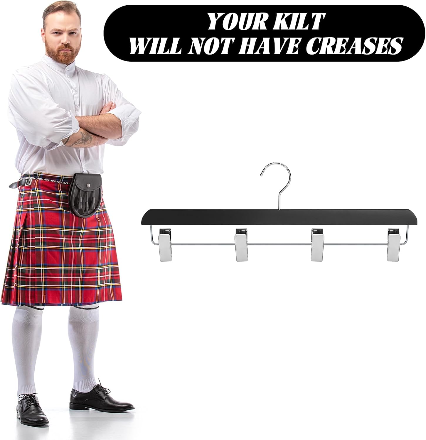 DoubleFill 1 Pcs Kilt Hanger 15.8 Inches Wooden Duty Skirt Hangers with 4 Clips for Closet (Black)