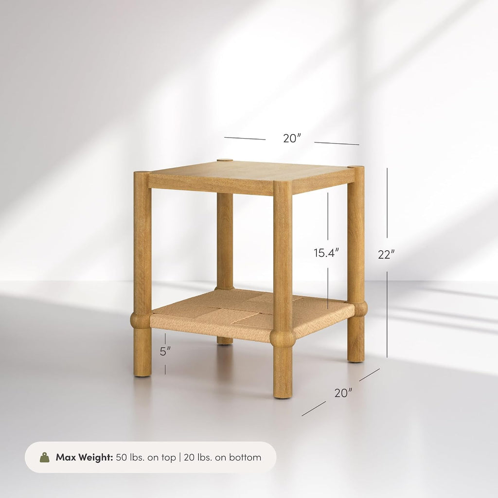 Nathan James River Modern Coastal Side Table with Solid Wood Legs and Seagrass Storage Shelf, Light Brown Set of 2