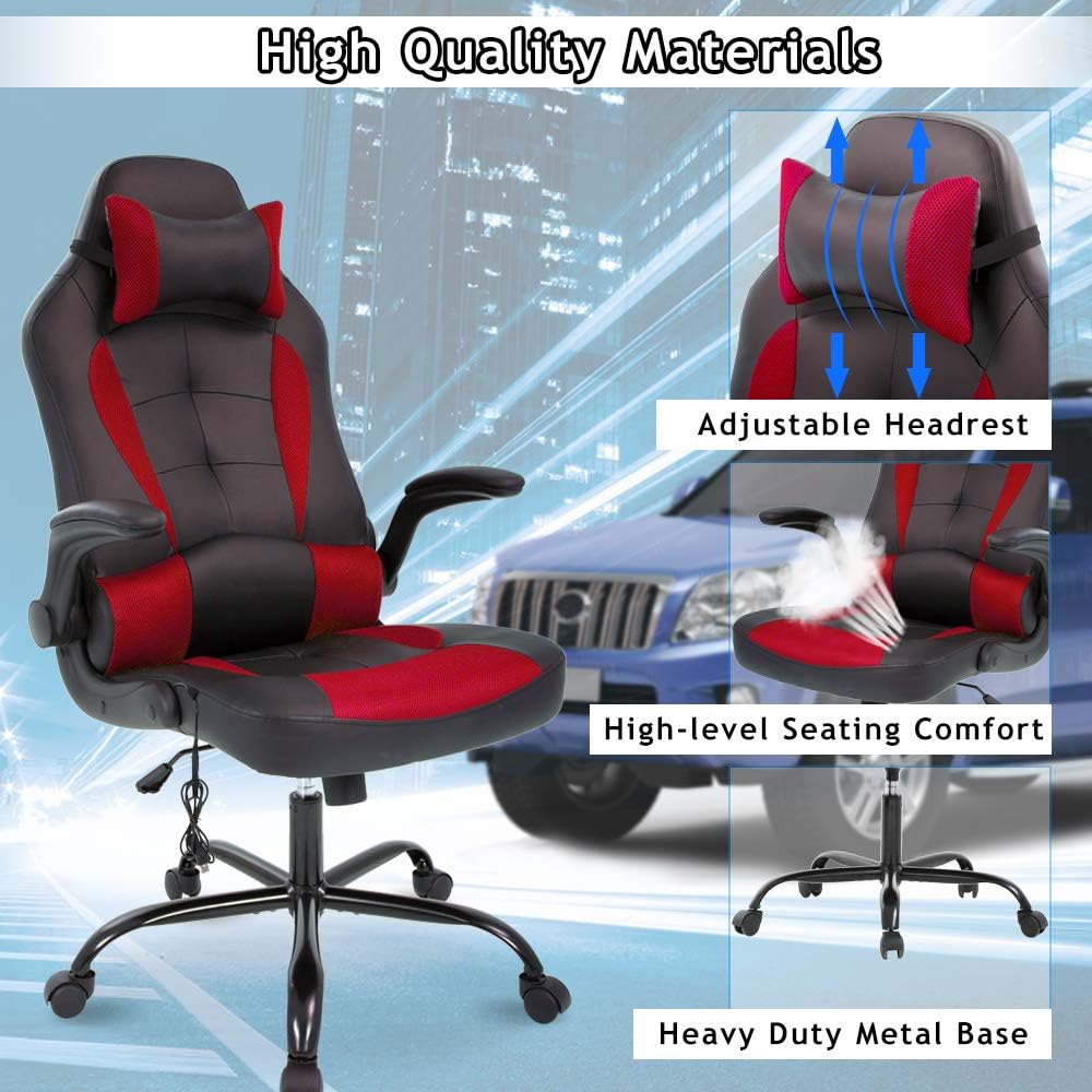 Massage Gaming Chair Ergonomic Office Chair High Back Desk Chair PU Leather Executive Chair with Lumbar Support Headrest Armrest PC Racing Computer Chair Task Rolling Swivel Chair, Red