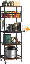 Housolution 5 Tier Kitchen Rolling Cart, Storage Cart with Metal Fruit Vegetable Basket and Pull-Out Pot Lid Cutting Board Organizer, Storage Rack with Wooden Top for Kitchen, Pantry, Bathroom, Brown