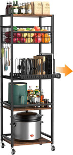 Housolution 5 Tier Kitchen Rolling Cart, Storage Cart with Metal Fruit Vegetable Basket and Pull-Out Pot Lid Cutting Board Organizer, Storage Rack with Wooden Top for Kitchen, Pantry, Bathroom, Brown