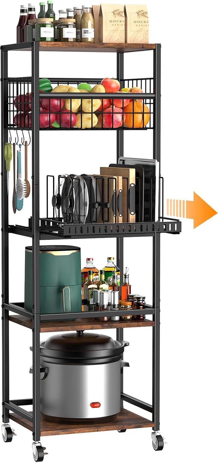 Housolution 5 Tier Kitchen Rolling Cart, Storage Cart with Metal Fruit Vegetable Basket and Pull-Out Pot Lid Cutting Board Organizer, Storage Rack with Wooden Top for Kitchen, Pantry, Bathroom, Brown