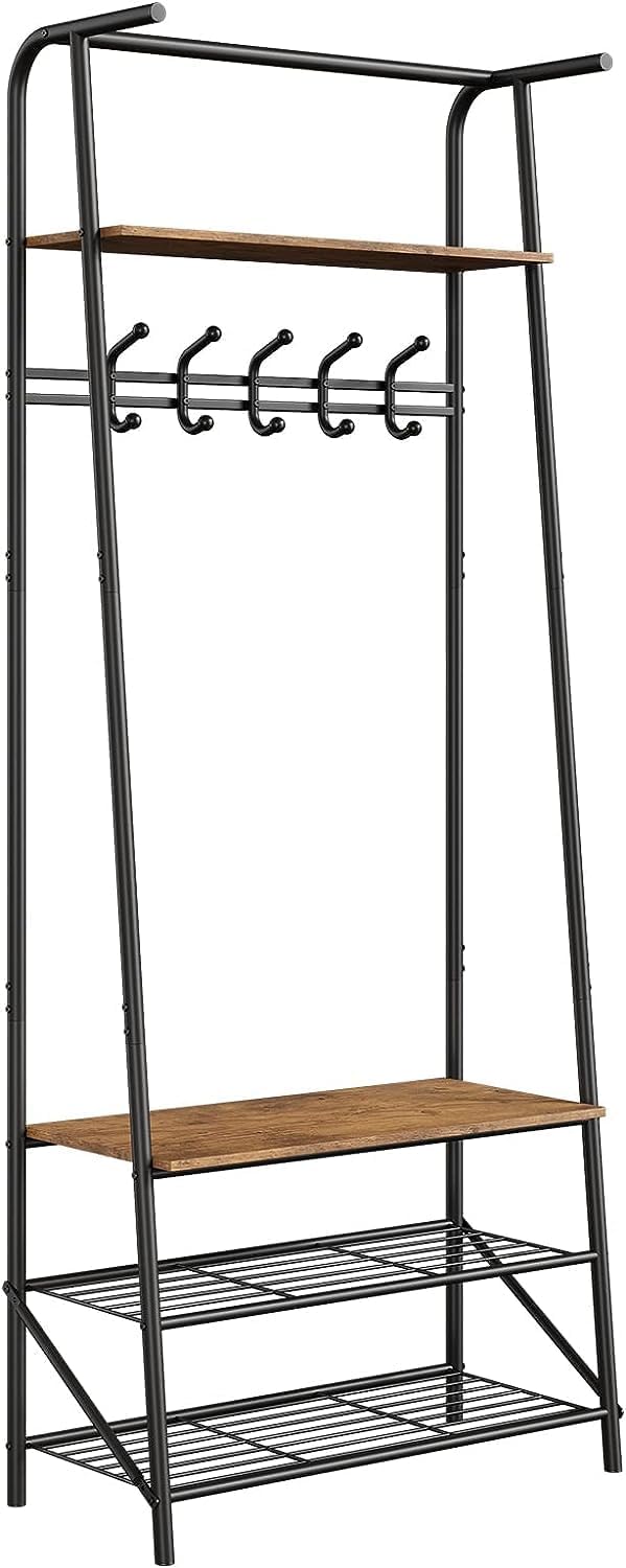 Coat Rack Shoe Bench with 5 Hooks, Entryway Hall Trees with Storage, Multifunctional Hallway Organizer, Wood Look Accent Furniture with Metal Frame, 4-in-1 Hall Trees Shoe Bench (1 Row-5 Hooks)