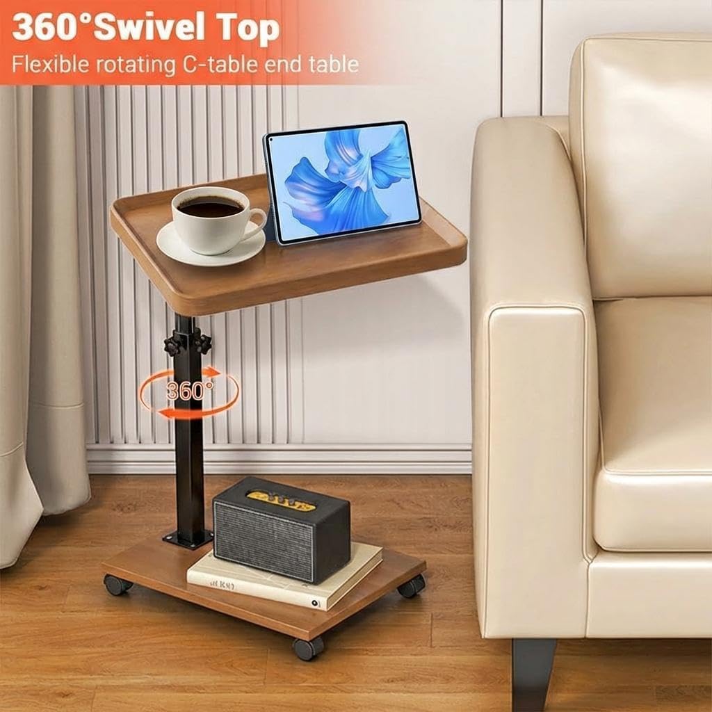 GarveeTech C-Shaped End Table with Adjustable Height, 360° Swivel TV Tray Table on Wheels, Slide-Under Couch Laptop Desk for Sofa, Bed, Chair, Snack Table for Small Spaces, Natural