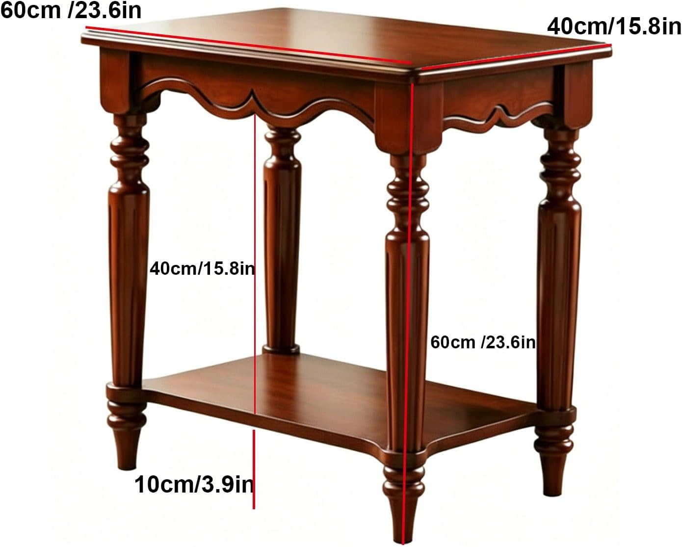 Solid Birch Wood 2-Tier End Table, Classic European Rectangle Side Table with Turned Legs & Carved Details, Accent Nightstand for Living Room Bedroom Furniture, Cherry Brown