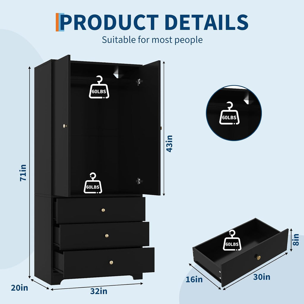 71" Armoire Wardrobe Closet, Bedroom Armoire Clothing Storage Cabinet | 3 Drawers & 2 Doors and Adjustable Shelves Modern Wooden with Aluminum Hanging Rod, Locker