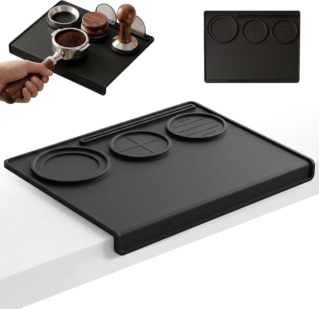 Espresso Tamping Mat, 90° Corner Silicone Coffee Bar Mat for 51/54/58mm Portafilters, Drawer-Friendly Tamper Mat with Tamper, Distributor & Puck Screen Slots, Countertop Protector, Black