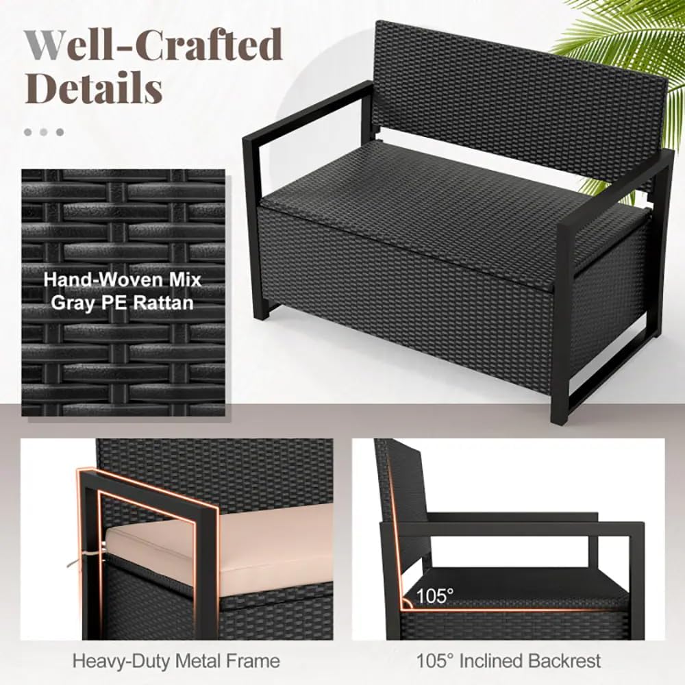 2-in-1 Outdoor Wicker Patio Storage Bench, 40 Gallon Loveseat with Removable Cushion, 800 LBS Capacity Weather Resistant Seat for Backyard Poolside
