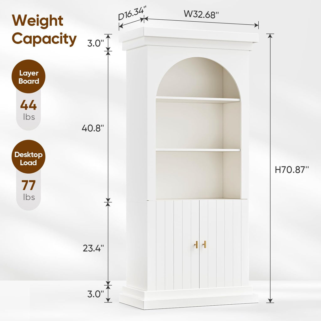 71" Arched Kitchen Pantry Cabinet, Tall Half Open Storage Cabinet with Drawers, Modern Display Hutch for Dining Room, Living Room, White with Gold Handles, 2 of Set