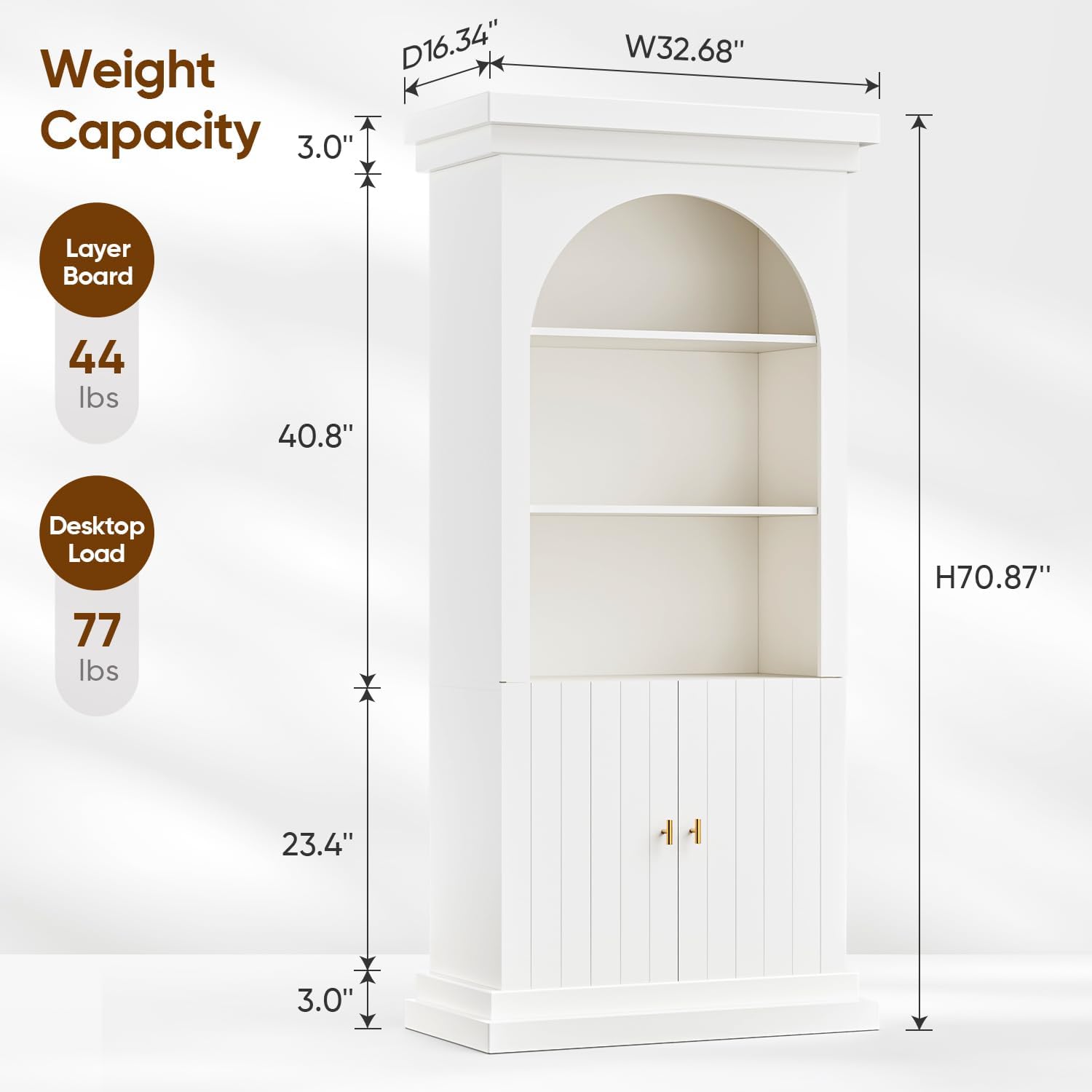71" Arched Kitchen Pantry Cabinet, Tall Half Open Storage Cabinet with Drawers, Modern Display Hutch for Dining Room, Living Room, White with Gold Handles, 2 of Set