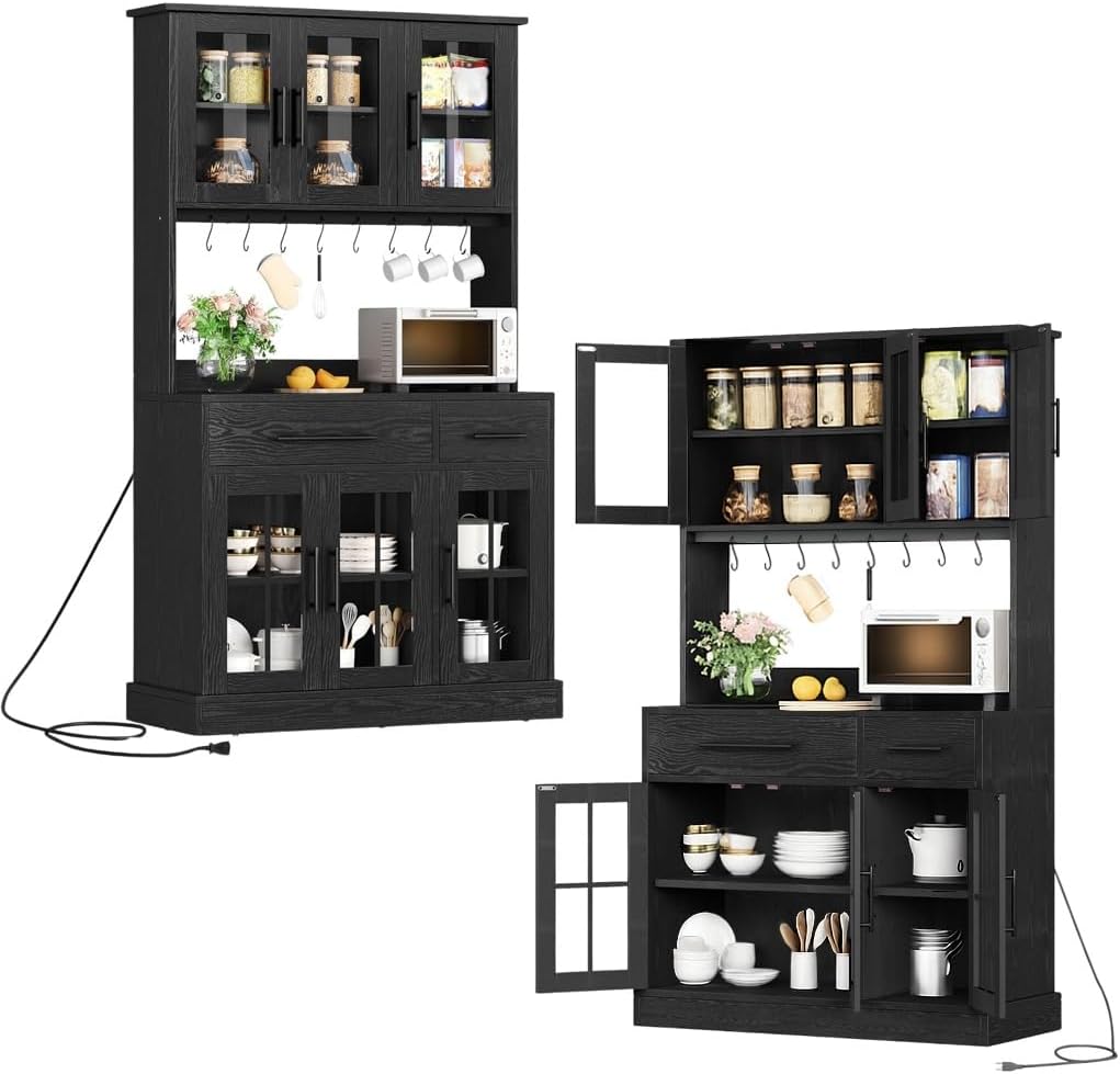 YITAHOME 2-Pack Kitchen Pantry Storage Cabinet Set, 71'' Kitchen Hutch with Outlet & Glass Door & Drawer & Shelves & Hook, Freestanding Microwave Stand Coffee Bar for Home Dining Living Room, Black