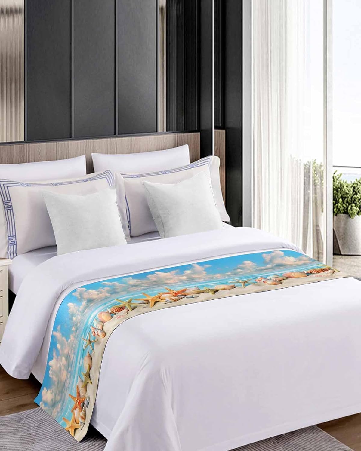 Summer Beach Bed Runner Scarf Twin Size,Coastal Starfish Seashell Conch Brown Sand Luxury Bed Throw Runners & Scarves for Twin Full Queen King Foot of Bed,Bedroom Hotel Wedding Room Decoration,71"x20"