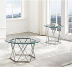 Pemberly Row Round Tempered Glass End Table, 26 in Width, Silver Chrome Finish, Iron Base with Hexagonal Design, Modern Accent Table for Living Room or Bedroom Use