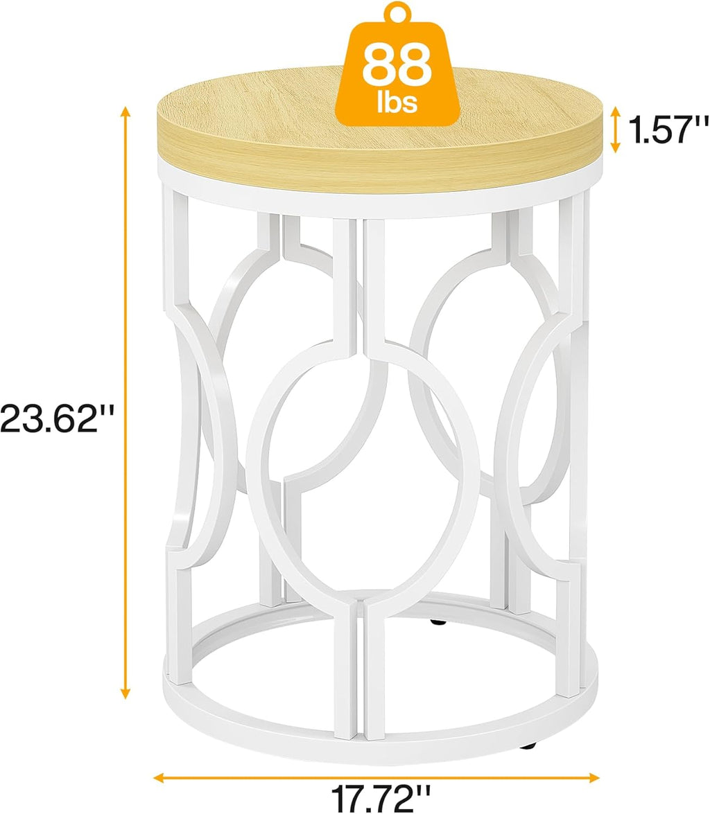 Tribesigns Round End Table Set of 2, Farmhouse Side Table with White Metal Hollow Frame, Small Bedside Table Nightstand for Living Room, Bedroom, Easy Assembly (Natural Beige,2 PCS)