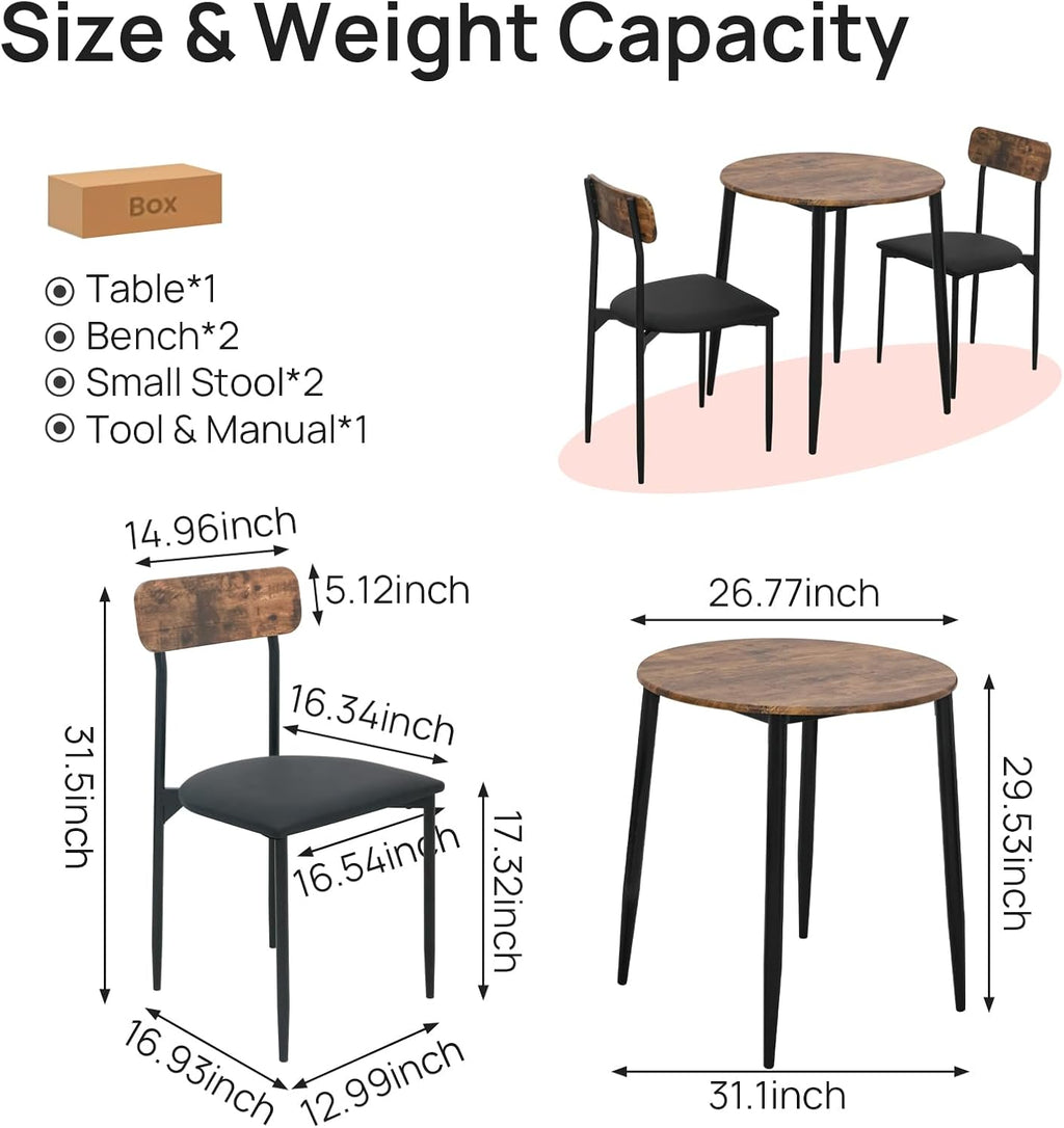 Round Dining Table Set for 2, 3-Piece Wood Tabletop Samill Kitchen Table and Chairs with Strong Metal Frame, Modern Dinette with Chairs for Small Spaces Living Room (Brown)