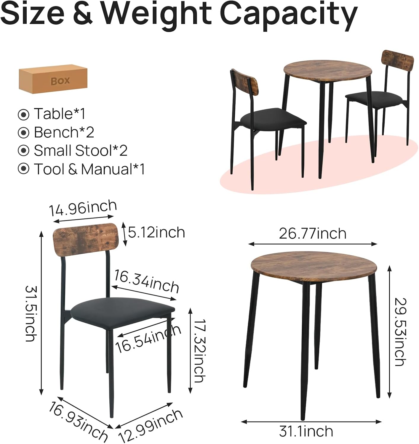 Round Dining Table Set for 2, 3-Piece Wood Tabletop Samill Kitchen Table and Chairs with Strong Metal Frame, Modern Dinette with Chairs for Small Spaces Living Room (Brown)