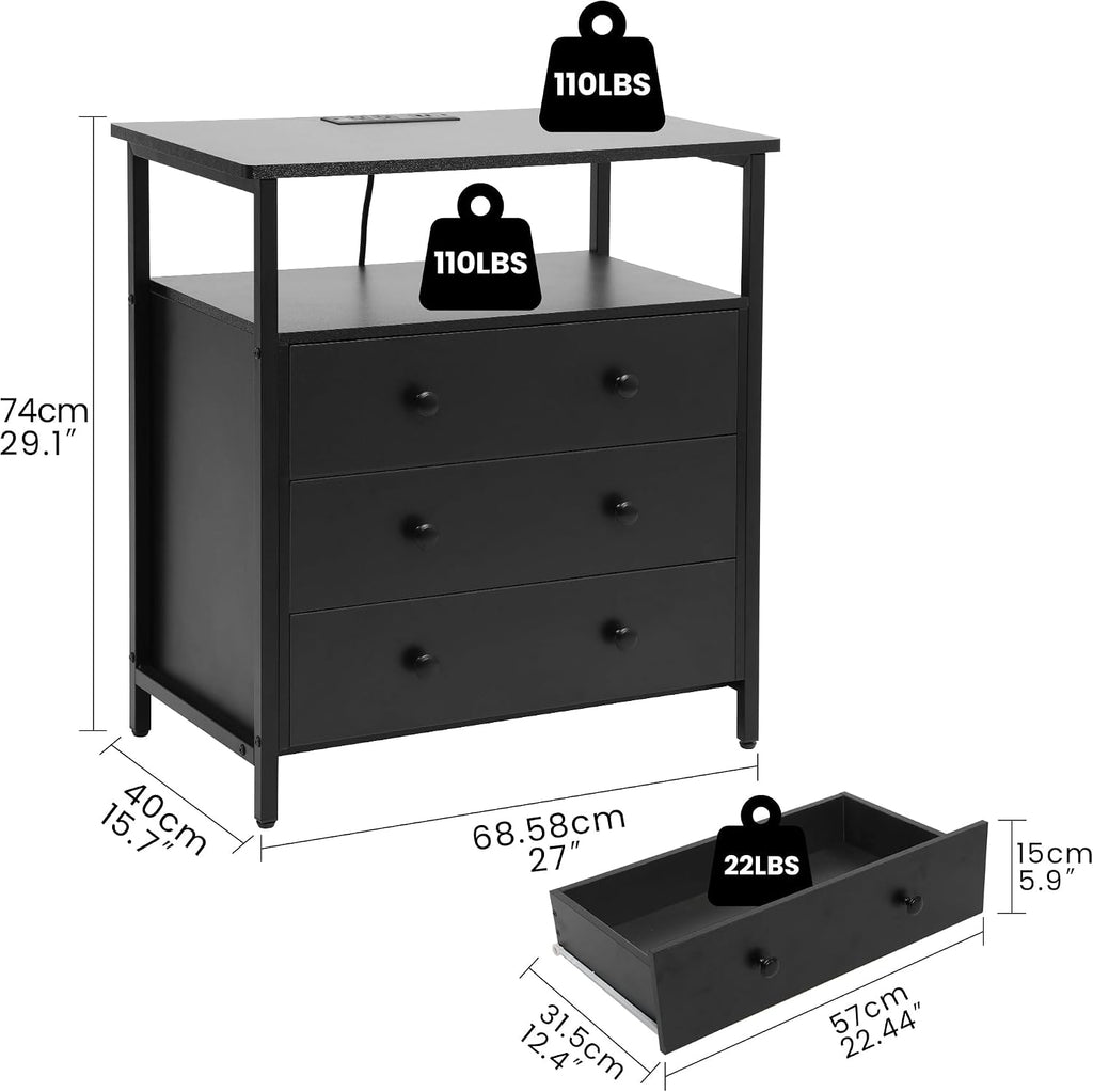 Edbuosy 27" Wide Nightstand with Charging Station & 3 Drawer, Black | Small Dresser for Closet, 2 AC Outlets & 2 USB Ports, Open Shelf, Adjustable Feet, Wood Nightstand for Living Room or Bedroom
