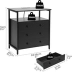 Edbuosy 27" Wide Nightstand with Charging Station & 3 Drawer, Black | Small Dresser for Closet, 2 AC Outlets & 2 USB Ports, Open Shelf, Adjustable Feet, Wood Nightstand for Living Room or Bedroom