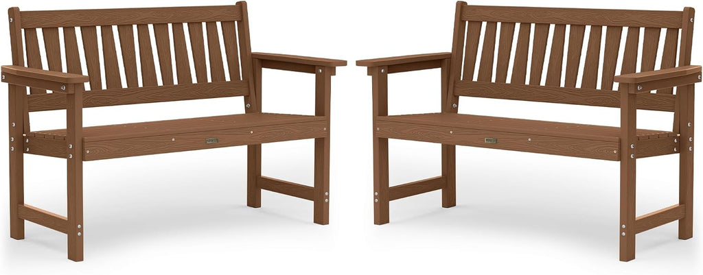 YEFU Outdoor Bench for Patio Waterproof: Heavy Duty 2-Person Garden Bench Set of 2 with Comfortable Seating - HIPS Weatherproof Patio Benches for Indoor Outside Front Porch Backyard Park, Teak