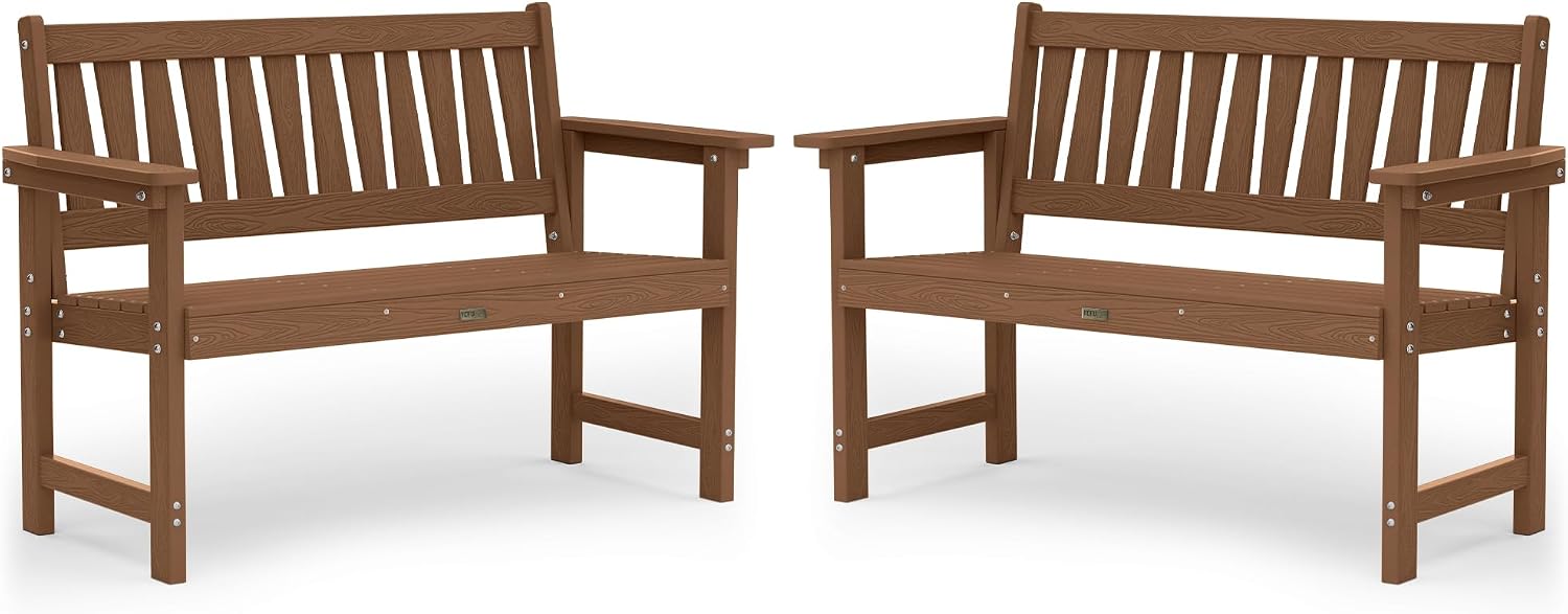 YEFU Outdoor Bench for Patio Waterproof: Heavy Duty 2-Person Garden Bench Set of 2 with Comfortable Seating - HIPS Weatherproof Patio Benches for Indoor Outside Front Porch Backyard Park, Teak