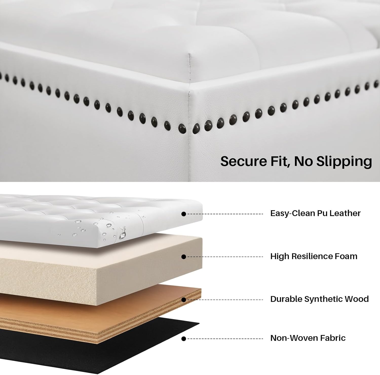 Storage Ottoman Coffee Table, Large Ottoman with Storage Oversized Square Footstool with Anti-Slip Embedded Lid, Tufted Upholstered Ottomans for Living Room, White Faux Leather
