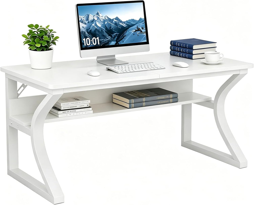 47 inch Computer Desk, Home Office Desk with Storage Shelf, Sturdy U-Shaped Metal Frame Study Table with Cable Management, Gaming Desk for Office & Bedroom, White