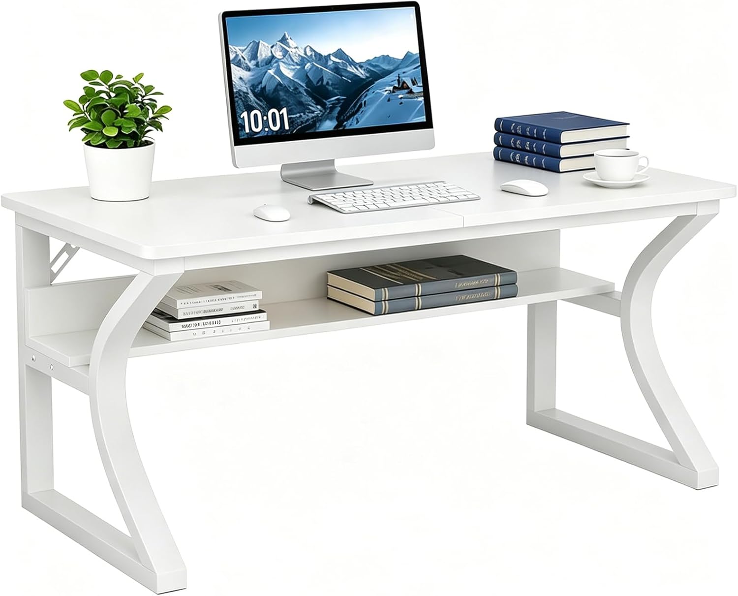 47 inch Computer Desk, Home Office Desk with Storage Shelf, Sturdy U-Shaped Metal Frame Study Table with Cable Management, Gaming Desk for Office & Bedroom, White