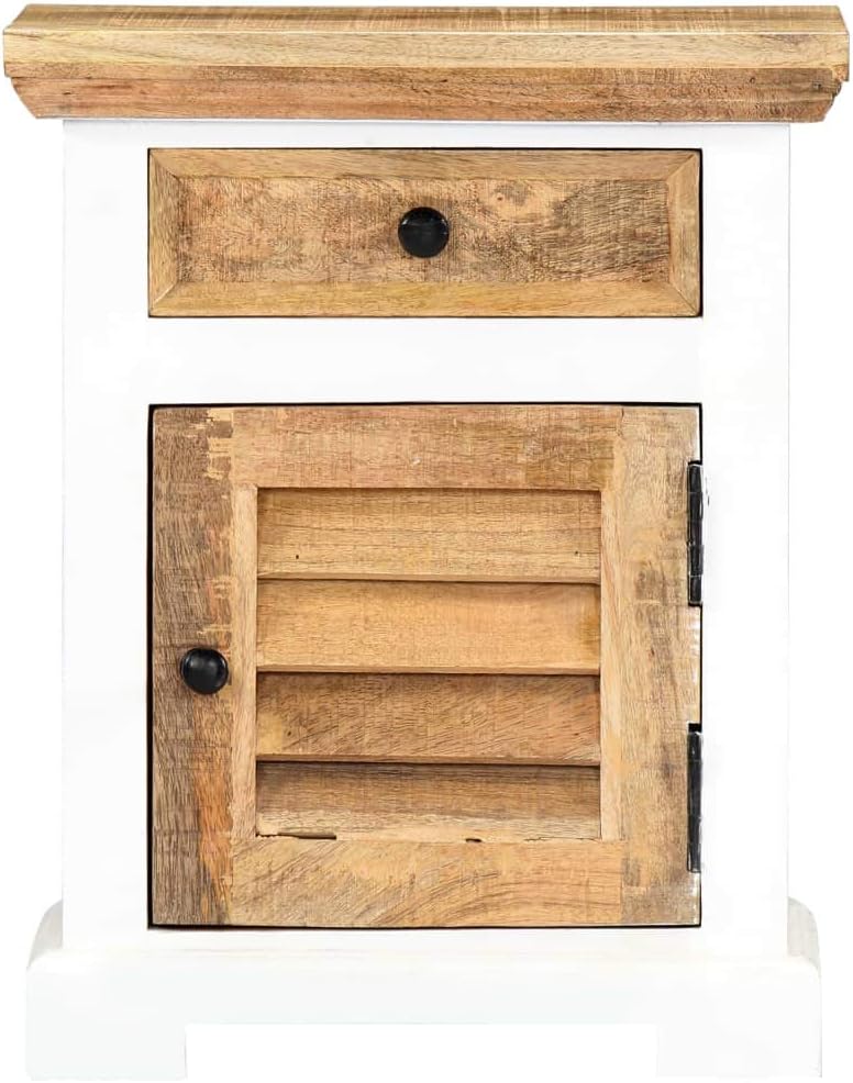 Solid Rough Mango Wood Nightstand with 1 Drawer and 1 Door, White and Brown Side Table for Living Room, 15.7"x11.8"x19.6"