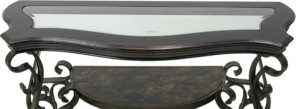 SSLine Vintage Wood Console Table Elegant Curved Rectangle Entryway Table with Tempered Glass Top & Marble Shelf Traditional 3-Tier Hallway Tables for Living Room Entrance(Dark Brown)