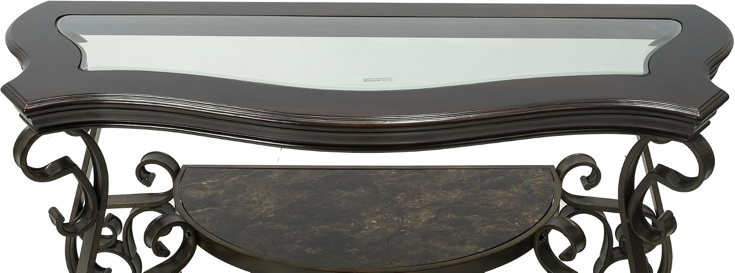 SSLine Vintage Wood Console Table Elegant Curved Rectangle Entryway Table with Tempered Glass Top & Marble Shelf Traditional 3-Tier Hallway Tables for Living Room Entrance(Dark Brown)