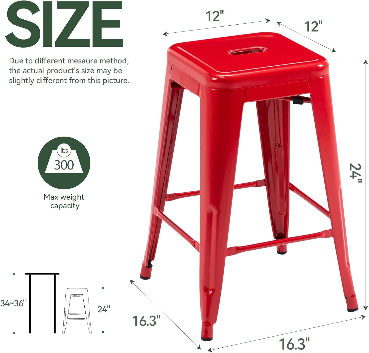24 Inch Metal Bar Stools,Counter Height Bar Chair,Indoor Outdoor Backless Kitchen Stools Set of 4,Red