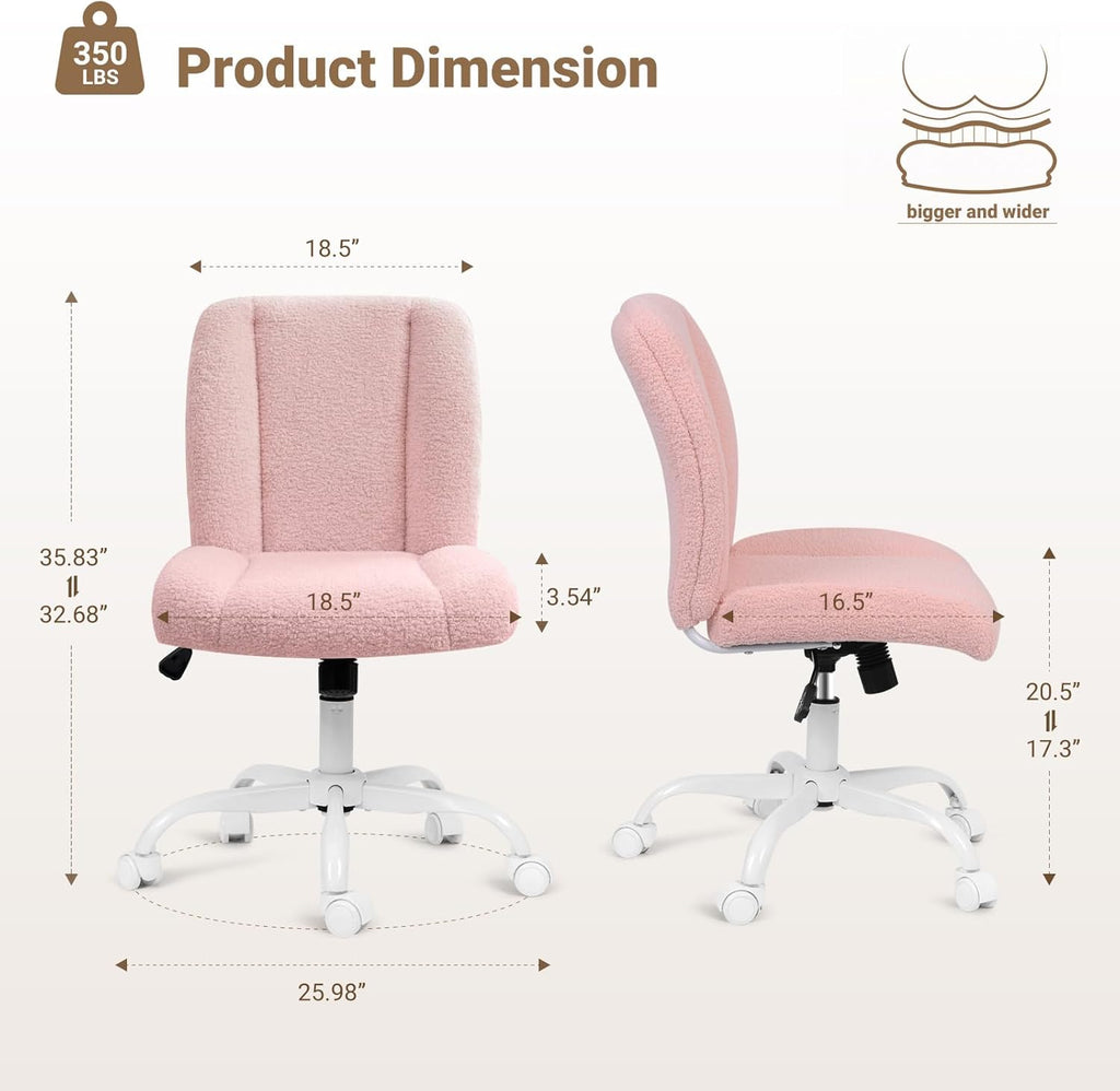 Vanity Chair with Wheels, Armless Office Chair Height Adjustable, Cute Desk Chair with Soft Lumbar Support for Small Space, Bedroom, Make-up Room, Pink
