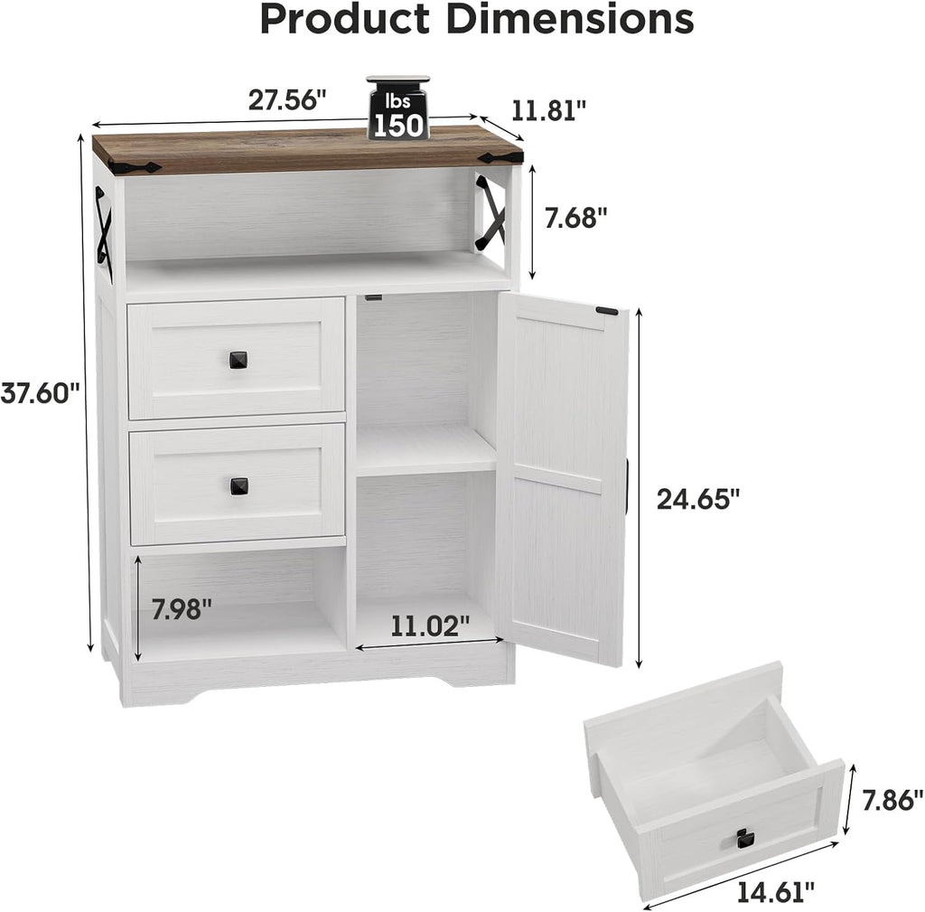 Vabches Farmhouse Buffet Sideboard Cabinet with 2 Drawers and Open Shelf, 27.5" Storage Cabinet with Adjustable Shelves and Door, Coffee Bar Hutch Pantry for Kitchen, Living Room, Entryway, White
