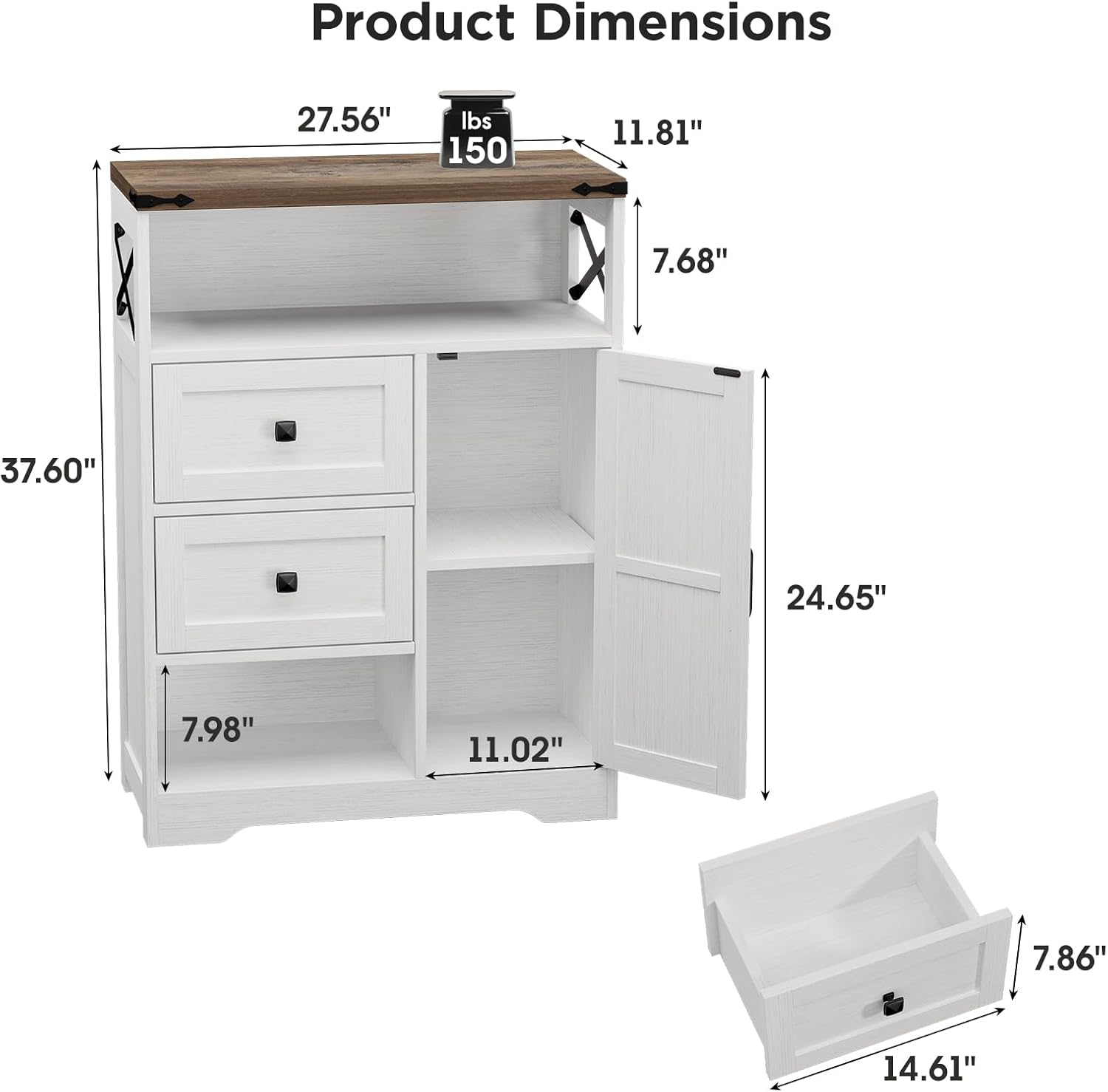 Vabches Farmhouse Buffet Sideboard Cabinet with 2 Drawers and Open Shelf, 27.5" Storage Cabinet with Adjustable Shelves and Door, Coffee Bar Hutch Pantry for Kitchen, Living Room, Entryway, White